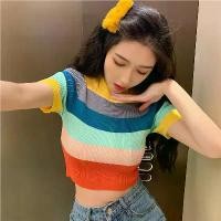 ราคา เสื้อถักนิตติ้งฤดูร้อน อเนกประสงค์ สั้น ครอป บล็อคสีลายสายรุ้ง สำหรับผู้หญิง เอวสูง เสื้อฐานเข้มงวด เสื้อยืด สำหรับผู้หญิง kool fever extra cool เสื้อ ทวิต เสื้อ กราม (1731211152191751274)