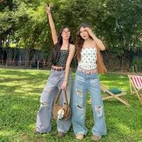 ราคา iLona - กางเกงยีนส์ขายาวทรงกระบอกกลาง ขาดเซอร์ สไตล์ Y2K รุ่น Whiskey <tag สีดำ> 444 (1730617397339130777)