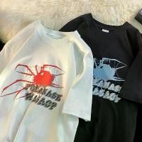 ราคา PZW American High Street Spider Letter Print T-shirt Summer Loose Hong Kong Style Handsome Short Sleeve Top (1730024251173275687)