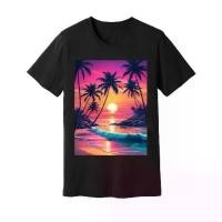 ราคา Men's Short - Sleeved Crew - Neck Cotton COD T - Shirt, Neon Tropical Sunset & Palm Tree Print Top Retro - Vibe Beach Style Item (1731767670786721503)