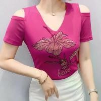 ราคา เสื้อยืดแฟชั่นซัมเมอร์ดีไซน์ตัวอักษร, เสื้อผ้าผู้หญิงรันเวย์, เสื้อยืดตาข่ายเพชรร้อน, เสื้อยืดเปิดไหล่ผู้หญิงเซ็กซี่, เสื้อเบลาส์ (1732147955794543831)