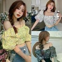 ราคา เสื้อครอป ผ้าชีฟอง สำหรับผู้หญิง พิมพ์ลายดอกไม้ เสื้อคอเหลี่ยม เสื้อครอป แขนสั้นพัฟ เสื้อเบลาส์ (1729955237233069036)