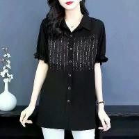 ราคา เสื้อเบลาส์ Midi, เสื้อผ้าผู้หญิง, ตกแต่งเส้นบุหรี่แฟชั่น, ดีไซน์ลายทางสดใส, ฤดูร้อนใหม่, อเนกประสงค์, ทรงหลวม, คอโปโล, เสื้อกระดุมแถวเดียว, [COD] (1732003174962202017)