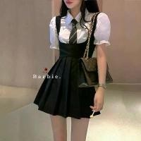 ราคา ชุดสูทสองชิ้นสำหรับผู้หญิง, ชุดเดรสสีดำ, ชุดฤดูร้อน, ชุดเดรสจีบสายรัด, เสื้อเชิ้ตแขนพัฟ, สไตล์เครื่องแบบ JK, เหมาะสำหรับเด็กผู้หญิง, [JK เครื่องแบบ] (1730351111316277904)