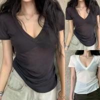 ราคา เสื้อยืดแขนสั้นคอวีซีทรู สำหรับผู้หญิง สีพื้น แฟชั่นวินเทจ เสื้อสาวฮอต (1731519820479759596)