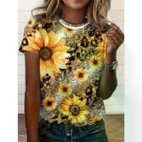 ราคา เสื้อยืด ลายดอกทานตะวันและเสือดาว บล็อคสี แขนสั้น แฟชั่นวินเทจ เสื้อสวมหัว คอกลม สำหรับผู้หญิง (1731253026392540653)