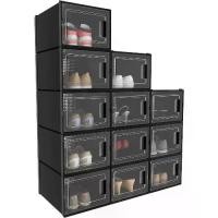 ราคา ตู้รองเท้าขนาดใหญ่ 18 กระเป๋า วางซ้อนกันได้ พลาสติกใส ชั้นวางรองเท้าพร้อมฝาปิด เหมาะสำหรับขนาด US 15 และรองเท้าผ้าใบ สีดำ (1731235278597686408)