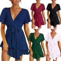 ราคา มินิเดรสฤดูร้อน ดีไซน์ใหม่ สไตล์ยุโรปและอเมริกา คอวีเซ็กซี่ ผูกไขว้ ชายระบาย สำหรับผู้หญิง (1731951385186109774)