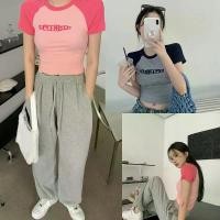 ราคา เสื้อครอปแขนสั้น เอวลอย สไตล์เกาหลี แฟชั่นวัยรุ่น สีทูโทน งานปักอักษร Clothing ผู้หญิง Women Tshirt Lady (1730029845712505591)