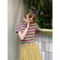 ราคา เสื้อยืดครอป ลายทางสีเรนโบว์เข้ม คอกลมแขนสั้น แฟชั่นวัยรุ่น (1731366381419202108)