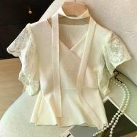 ราคา เสื้อถักนิตติ้ง, ลูกไม้หวาน, แขนระบาย, ริบบิ้น, เสื้อฤดูร้อนของผู้หญิง, คอวี, เอวไขว้, การควบคุมความสูง, (1732339265445071085)