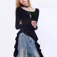 ราคา เสื้อยืดแขนยาว สีดำ ชายระบาย ริบบิ้น สำหรับผู้หญิง ฤดูใบไม้ร่วงและฤดูหนาว ดีไซน์สวย สไตล์เฉพาะ สาวฮอต เสื้อเอว Ruched (1732498684129412510)