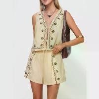 ราคา ชุดแฟชั่นฤดูร้อนสำหรับผู้หญิง, งานปัก, ผูกด้านหน้า, คอวี, เสื้อกล้ามแขนกุด, กางเกงขาสั้นเอวยางยืด, ชุดเสื้อผ้า 2 ชิ้น (1730969522283055469)