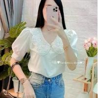 ราคา เสื้อลูกไม้ คอบัว งานปัก แขนสั้น ทรงผู้ดี เสื้อ เชิ้ต (1731193753937873627)