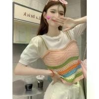 ราคา เสื้อถัก, OOTD สไตล์เกาหลี, ต่อต้านริ้วรอย, การออกแบบลายสายรุ้งประกบ, สำหรับผู้หญิง, ฤดูร้อน 2023 แฟชั่นใหม่, สลิมมิ่ง, เสื้อครอปแขนสั้น (1730022088053328457)