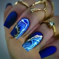 ราคา เล็บปลอม ลายคลื่นน้ำสีฟ้า สี่เหลี่ยม 24 ชิ้น เคล็ดลับเล็บปลอม ความยาวสั้น ลายออร่าเคลือบเงาและสีทอง รวมชุดเล็บปลอมใส่สบาย (1732675254575793674)