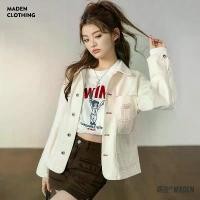 ราคา เสื้อโค้ทเดนิมสีขาววินเทจ, Maden, 11.2OZ, แจ็คเก็ตคอปก, ทรงหลวมและลำลอง, กระดุมแถวเดียว, เสื้อผ้าผู้หญิง (1732458435613919042)