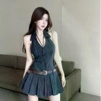 ราคา With Belt Pure Desire Style Halter V-neck Sleeveless Striped Dress New Backless Waist-cinching Suit A-line Pleated Skirt (1733226035308889643)