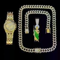 ราคา Hot Selling St. Jude Cuba Miami Bracelet Trendy Hip Hop Diamond-Studded Stainless Steel Quartz Men's Watch (1733339808012928040)