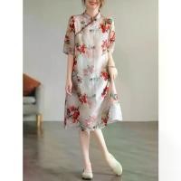 ราคา 2025 Retro Chinese Style Cheongsam Dress for Women, Stand Collar, Front Button, Loose Fit, Printed Pattern, Cotton Linen, Short Sleeve Dress (1733371576031479729)