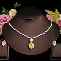ราคา Shiny Yellow Synthetic Zirconia Round Tennis Necklace and Earrings Set for Women Luxury Bridal Wedding Party Dress Jewelry Accessories (1733117590116927204)