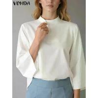 ราคา [COD] VONDA Casual Loose Autumn Blouse Women Tunic Tops 2025 Fashion Stand Collar 3/4 Flare Sleeve Office Shirts Oversized Blusas (1733440303997355495)