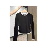 ราคา Black and White Color Block Fake Two-Piece Round Neck Base Shirt Autumn Waist-Cinching Ruched Long Sleeve T-Shirt Dark Gray Black Brushed (1733046929499325596)