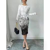 ราคา 20252025 New Women's Silver Gray Gradient Sequin Print Round Neck Pullover Long Sleeve Mid-Length Slim Dress (1733434540909758341)