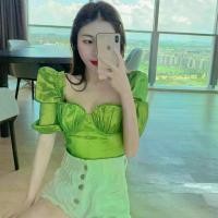 ราคา Large Stock Real Shot Sexy Off-Shoulder Puff Sleeve Ruched Blouse Women Summer Design Sense Avocado Green Short Top (1733072230397150838)
