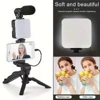 ราคา Tripod Phone Holder Smartphone Vlogging Kit Mini Microphone LED Fill Light For Meeting Live Broadcast Vlogs Videos Short Video [COD] (1733449426283366327)