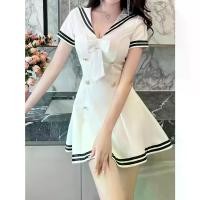 ราคา DoubleBreastedSailorCollarDress,PreppyShortSleeveContrastTrimFlareDressForClub&Party,Women'sClothing (1733435829947369315)