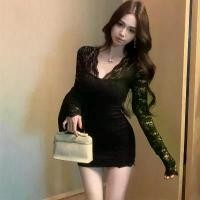 ราคา Women's Annual Party Christmas Costume Socialite V-Neck Hollow Lace Dress Women's Autumn Winter Pure Desire Sexy Bodycon Mini Dress Slim Fit Inner Dress Women's Clothing (1733346127232861341)