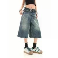 ราคา High-End Fashion Trend Men's Bottoms Versatile American Style Blue Wide-Waist Denim Capri Summer Retro Mid-Length Washed Loose Casual Shorts Men New Style Men's Pants Promotion (1733098387697403414)