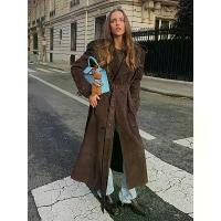 ราคา [COD] Retro Suede Long Trench Coat With Belt Women Lapel Double-breasted Jacket With Pockets 2025 New Autumn Winter Lady Solid Outwear (1733456619979900492)