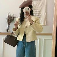 ราคา [Original] Korean Version French Chic Yellow Tweed Jacket for Women High-end Wool Tweed Short Coat (1732969759781324690)