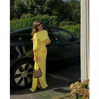 ราคา Yellow long dress with open back, elegant design, sexy, short sleeves, pleated, slim fit, suitable for evening parties, weddings, autumn 2025. (1733295813612635600)