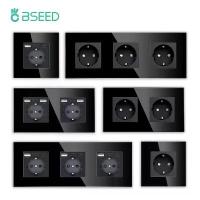 ราคา [COD] BSEED Single EU Glass Socket With USB Wall Sockets Double Electric Sockets Triple Power Outlets USB Type-C Ports Black 16A (1733130036124616142)