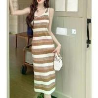 ราคา CHEMMISE new long dress, women's fashion, A-line skirt, cute dress Korean Striped Knitted Vest Dress Women Slim Mid Length Contrast Color Sleeveless Skirt A578 (1733077525603780054)