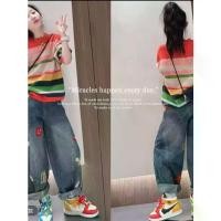ราคา Atmospheric Neon French Sweater Gradient Color Striped Knit 2025 Girls Heavy Embroidery Scimitar Jeans (1733032807962674182)