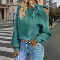 ราคา Women's Sweater One-Shoulder Bow Tie Lantern Sleeve Sexy Knitted Fashion Casual Women's Clothing (1732950138813318388)