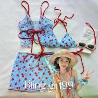 ราคา 2025 [Sweet Tea] Girl Cherry Strap Four-Piece Set Conservative Two-Piece Swimsuit Female Bikini Fresh Water Park (1733084290153743418)