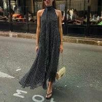 ราคา KONDALA tie-neck polka dot print chiffon dress for women, sleeveless, open back, summer fashion 2025, loose beach dress. (1733328077128762832)
