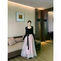 ราคา 2025 French Gentle Style Dress Color Block Stitching Birthday Dress for Women Autumn Winter Elegant Tie Waist Mesh Long Dress (1733367467912234950)