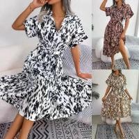 ราคา Women's Dress Real Shot 2025 Spring Summer European and American Casual Loose Leopard Print Tie Shirt Dress Women's Fashion (1733208325931893838)