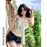 ราคา American Retro Strapless Vest for Women Summer Bow Tie Polka Dot Camisole Slim Fit Short Top (1733413701087954039)