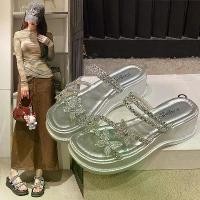 ราคา Rhinestone Bow Thick-Soled Sandals for Women 2025 Summer New Fashionable Versatile Wedge Platform Slide Sandals (1733229568277644454)