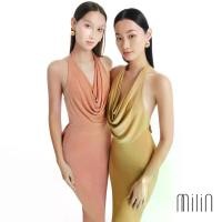 ราคา [MILIN] Body-conscious draped halter neck open back with Milin crystal M logo Midi dress เดรสกึ่งยาวทรงเข้ารูปคอถ่วงคล้องคอจับจีบเปิดหลังแต่งด้วยโลโก้คริสตัลตัว M / Poised Dress 42 Total Package (1732