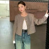 ราคา Spring and Autumn Women's Clothing Color-Block Houndstooth Top Wool Blend Round Neck Elegant Short Blazer (1733017634010596506)