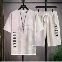 ราคา Waffle T-shirt Men's Short Sleeve Summer Casual Sports Set Loose Half Sleeve T-shirt Shorts Two Piece Set (1733144545823851842)