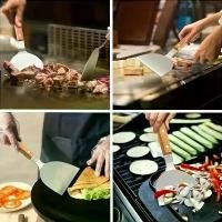 ราคา 2pcs SET BBQ spatula Grilling spatule Stainless Steel Griddle Hamburger Spatula Turner & Cleaning Brush, BBQ Tools For Flat Top Hibachi Teppanyaki Skillet Cooking Frying Grilling (1733435379307349609)